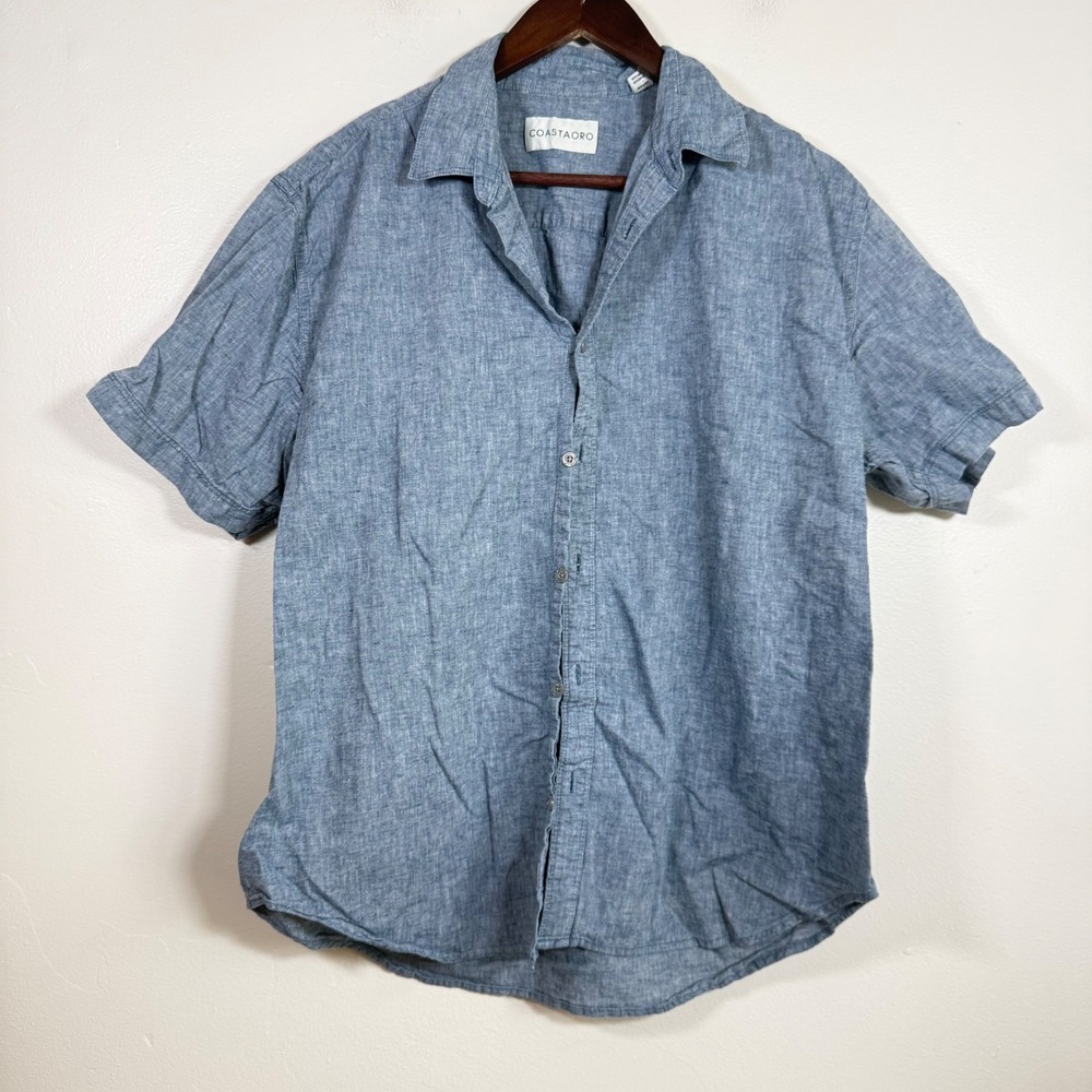 CoastAoro Linen Blend Short Sleeve Chambray Button Down Shirt Size Large Blue